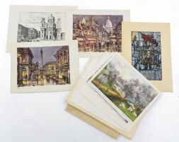 Metszetekről, festményekről, egyéb alkotásokról készült reprodukciók, össz. 15 db, vegyes méretben és állapotban