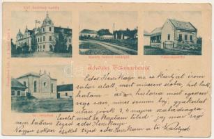 1900 Tőketerebes, Trebisov; gróf Andrássy kastély, vendéglő, étterem, takarékpénztár, izraelita templom, zsinagóga- Léb. A. I., Gelb I. kiadása. Hibás lap, sok betűtévesztéssel! / castle, restaurant, savings bank, synagogue. With many misprints! (kis szakadások / small tear)