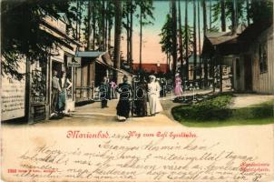 1902 Mariánské Lázne, Marienbad; Weg zum Café Egerländer, Josef Staab. Brück &amp; Sohn (Meissen) 1358. / hotel, shop (EB)