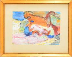 TM jelzéssel: Hálójavítók. Vegyes technika, papír. 23x33 cm. Üvegezett fakeretben.