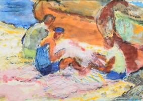 TM jelzéssel: Hálójavítók. Vegyes technika, papír. 23x33 cm. Üvegezett fakeretben