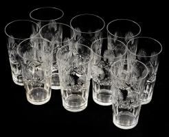 cca 1910/30, Tízszemélyes, 31 részes antik kristályüveg italos készlet, későszecessziós mintákkal díszítve, 3 különböző fajta pohárral, kancsóval, hántolt és köszörült mintával, minimális pattogzással, kancsó m: 24,5 cm, poharak m: 9-12 cm