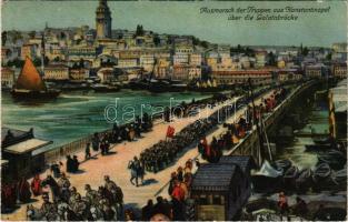 1915 Constantinople, Istanbul; Ausmarch der Truppen über die Galatabrücke / military marching, bridge, port + "K. u. K. Militär-Zensur-Kommission Stanislau" (EK)