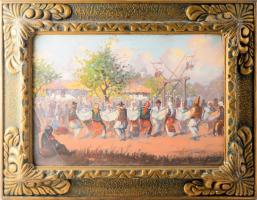 Ion Dobosariu (román festő, XX. sz. első fele): Hórát táncolók. Olaj, karton. Jelezve jobbra lent. 35x50 cm. Üvegezett, dekoratív, kissé sérült fakeretben. / Ion Dobosariu (Romanian painter, first half of the XXth century): Hora dancers. Oil on board, signed lower right. Framed. 35x50 cm