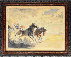 Benyovszky István (1898-1969): Száguldó lovak. Színezett rézkarc, papír, jelzett, lap széle foltos. Üvegezett, kissé sérült fakeretben, 39x55 cm