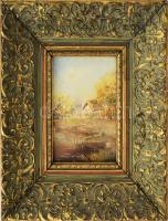 Olvashatatlan jelzéssel, XX. sz. második fele: Házikó. Olaj, fatábla. Dekoratív fakeretben, 13x9 cm