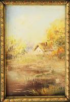 Olvashatatlan jelzéssel, XX. sz. második fele: Házikó. Olaj, fatábla. Dekoratív fakeretben, 13x9 cm