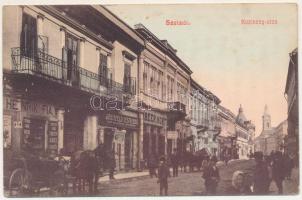 1908 Szatmárnémeti, Szatmár, Satu Mare; Kazinczy utca, Grünfeld Testvérek, Beer Mór üzlete. Cseplák Bálintné kiadása / street view, shops (ázott / wet damage)
