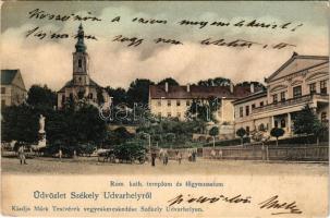1906 Székelyudvarhely, Odorheiu Secuiesc; Római katolikus templom és főgimnázium. Márk Testvérek kiadása / Catholic church and grammar school (ázott sarok / wet corner)