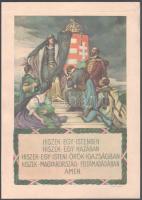 1928 Magyar Hiszekegy, színes nyomtatvány, hátoldalán a Magyar Hiszekegyet Terjesztő Országos Bizottság bélyegzőjével és felhívásával, Bp., Globus-ny., apró foltokkal, kis lapszéli szakadással, 34,5x24,5 cm