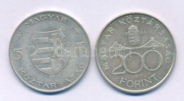 1947. 5Ft Ag "Kossuth" + 1994. 200Ft Ag "Deák" T:F,XF Adamo F8.1, F13.1
