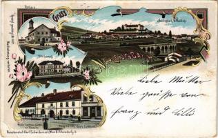 1899 (Vorläufer) Neulengbach, Rathaus, Westbahn, Villa Schmalz, Pracht Gasthaus Garte mit Glassalon, Franz Schmalz Gast und Café Haus. Kunstanstalt Karl Schwidernoch No. 3027. / town hall, railway station, inn, restaurant, café. Art Nouveau, floral, litho (EB)