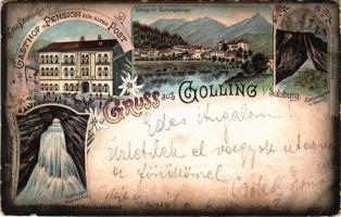 1905 Golling an der Salzach, Leo Steinacher's Gasthof und Pension Zur Alten Post, Tennengebirge, Wasserfall, Salzachöfen. Kunstanstalt Karl Schwidernoch / restaurant, inn, general view. Art Nouveau, floral, litho (small tears)