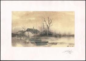 Balázs György (1927-2015): Csónakok, 1998. Akvarell, papír, jelzett, paszpartuban. 17,5x31 cm