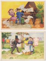 2 db RÉGI német kutya-macska grafikai művészlap / 2 pre-1945 German dog-cat graphic art postcards