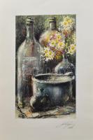 Balázs György (1927-2015): Csendélet edényekkel és üvegekkel, 1997. Vegyes technika, papír, jelzett, paszpartuban. 30x18,5 cm