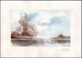 Balázs György (1927-2015): Vízparti fények, 1996. Akvarell, papír, jelzett, paszpartuban. 19x31 cm