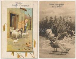 4 db RÉGI húsvéti és újévi üdvözlő képeslap / 4 pre-1945 Easter and New Year greeting postcards