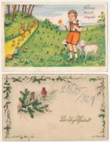 4 db RÉGI húsvéti és újévi üdvözlő képeslap / 4 pre-1945 Easter and New Year greeting postcards