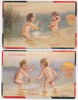 2 db RÉGI gyermek művészlap: Wir spielen Unterseeboot / 2 pre-1945 children art postcards: submarine playing