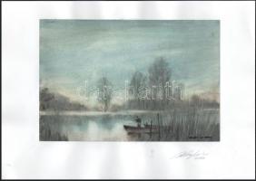 Balázs György (1927-2015): Horgászok, 2006. Akvarell, papír, jelzett, papírra kasírozva. 20x29,5 cm
