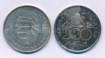 1947. 5Ft Ag "Kossuth" + 1992. 200Ft Ag "MNB" T:VF,XF patina Adamo F8.1, F13