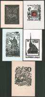 Klf. alkotók (Fery Antal, Nagy László Lázár stb.): össz. 5 db kisgrafika, közte 4 db ex libris Gombos László (pl. Kertes Kollmann Jenő: Vadászati Kongresszus 1971). Klf. technikák, papír, részben jelzett, 8x11 cm