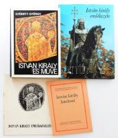 4 db Szent Istvánnal kapcsolatos könyv és katalógus: Györffy György: István király és műve. Bp., 1977, Gondolat. Kiadói egészvászon-kötés, kissé sérült, javított kiadói papír védőborítóban. + Király László (szerk.): István király emlékezete. Bibliotheca Historica. Bp., 1987, Európa. Kiadói egészvászon-kötés, kiadói papír védőborítóban. + István király intelmei. Az előszót és a jegyzeteket írta: Szigethy Gábor. Gondolkodó Magyarok. Bp., 1982, Magvető. Kiadói papírkötés. + Kralovánszky Alán (szerk.): István király emlékkiállítás. Székesfehérvár, 1970, István Király Múzeum. Kiadói tűzött papírkötés.