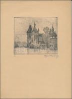 Apfel Sándor (működött 1930-40 körül): Vajdahunyad vára, Budapest. Rézkarc, papír, jelzett, számozott (10.). Lapszéli apró szakadással. 11x13 cm. Ritka!