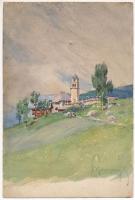 Olvashatatlan jelzéssel, XX. sz. első fele: Graz környéki táj kirándulókkal. Akvarell, papír. 24x16 cm.