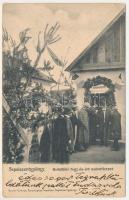 1908 Gidófalva, Ghidfalau; Gidófalvi fogyasztási és értékesítő szövetkezet üzletének megnyitója, magyar zászlók, "Isten hozott!" felirat. Gyulai Ferenc fényképész kiadása / opening ceremony of the cooperative shop in Ghidfalau, Hungarian flags (Rb)