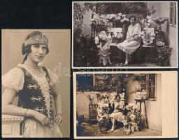 cca 1928 Debrecen, fiatal hölgy magyaros viseletben, illetve virágok között, 3 db fotólap, 13,5x8,5 cm körül