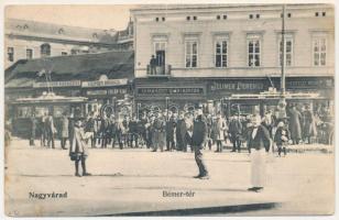 1906 Nagyvárad, Oradea; Bémer tér, villamos, Wallerstein Fülöp fiai, Jelinek Ferenc, Sonnenfeld Adolf üzlete, China ezüst gyári raktár. Helyfi László kiadása/ square, tram, shops (fl)