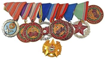 1951-~1985. 8db zománcozott vagy műgyantás kitüntetés mellszalagon, együtt pánton, benne 1951. "Közbiztonsági Érem ezüst fokozata a rendőrség tagjai részére + 1957. "Szolgálati Érdemérem" + 1964. "A Haza Szolgálatáért Érdemérem ezüst fokozat" + 1965. "Szolgálati Érdemérem - A Haza Fegyveres Szolgálatában" (5xklf: 15, 20, 25, 30 és 35 év után), illetve ~1970. "Katonai Haditorna (KHT)" zománcozott aranyozott koszorús jelvény tű nélkül T:AU,XF