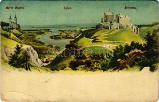 1911 Lippa, Lipova; Solymosi vár, Lippa és a Maros folyó, Máriaradnai kegytemplom / Soimos castle, Lipova with Mures river, pilgrimage church in Radna (r)