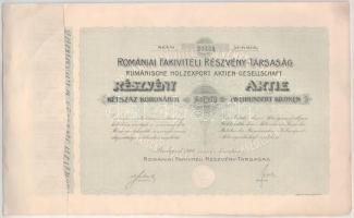 1908 Budapest "Romániai Fakiviteli Részvénytársaság" részvénye 200K-ról, szárazpecséttel és szelvényekkel T:AU Hungary / Budapest 1908. "Romanian Timber Export Corporation" about 200 Korona, with embossed stamp and coupons C:AU