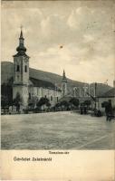 1913 Zalatna, Zlatna; Templom tér. Popeszku Bazil kiadása, Remethey János fényképész felvétele / square, churches (fl)