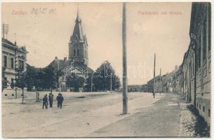 1911 Feketehalom, Zeiden, Codlea; Marktplatz mit Kirche / Piactér, Városháza. Joh. Foith kiadása, Jos. Schuller felvétele / market square, town hall (ázott / wet damage)