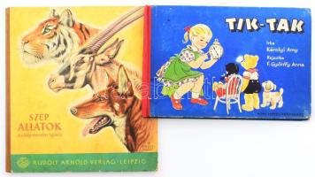 2 db mesekönyv: Károlyi Amy: Tik-tak. F. Győrffy Anna rajzaival. Bp., 1959, Móra, 16 sztl. lev.+ 1 (kihajtható óra, mozgatható mutatókkal) t. Kiadói félvászon-kötés, kissé viseltes állapotban. + Hans Petzsch - Rudolf Engel-Hardt: Szép állatok a világ minden tájáról. Ford.: Elek István. Leipzig, 1959, Rudolf Arnold Verlag, 12 sztl. lev. Kiadói félvászon-kötés, helyenként kissé foltos.