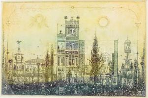 Gross Arnold (1929-2015): Emlékek kertje II. Ofszet nyomat, papír, jelzett a nyomaton, üvegezett fakeretben, 21x31,5 cm