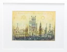 Gross Arnold (1929-2015): Emlékek kertje II. Ofszet nyomat, papír, jelzett a nyomaton, üvegezett fak...