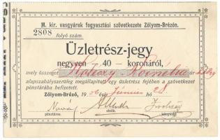 1906 Zólyombrézó "Magyar Királyi Vasgyárak Fogyasztási Szövetkezete" névre szóló üzletrész...