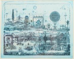 Gross Arnold (1929-2015): Művészek kertje. Ofszet nyomat, papír, jelzés nélkül, üvegezett fakeretben, 21x31,5 cm