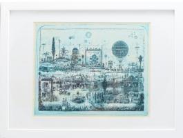 Gross Arnold (1929-2015): Művészek kertje. Ofszet nyomat, papír, jelzés nélkül, üvegezett fakeretben...