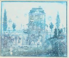 Gross Arnold (1929-2015): Művésztelep. Ofszet nyomat, papír, jelzett a nyomaton. Az 1973-ban megjelent Corvina mappából. 16,5x20 cm. Üvegezett fakeretben.