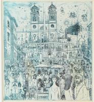 Gross Arnold (1929-2015): Spanyol lépcső. Ofszet nyomat, papír, jelzett a nyomaton. Az 1973-ban megjelent Corvina mappából. 21x18,5 cm. Üvegezett fakeretben.