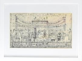 Gross Arnold (1929-2015): A művészet dicsérete. Ofszet nyomat, papír, jelzett a nyomaton. Az 1973-ban megjelent Corvina mappából. 21x37,5 cm. Üvegezett fakeretben.