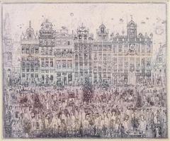 Gross Arnold (1929-2015): Brüsszeli vasárnap. Ofszet nyomat, papír, jelzett a nyomaton. Az 1973-ban megjelent Corvina mappából. 25x30 cm. Üvegezett fakeretben.