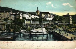1908 Lovran, Laurana, Lovrana; kikötő. A képeslap címzettje Ohmacht Nándor, a zabolai Mikes-uradalom titkára. Mehner &amp; Maas / port (Rb)