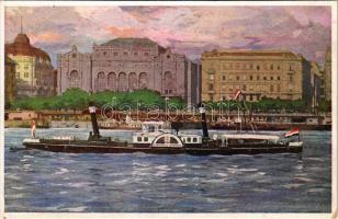 Budapest V. Kornfeld Zsigmond vontató gőzös a Vigadó előtt. MFTR Művészlevelezőlap 6314-17. Klösz műintézet / Kornfeld Zsigmond Hungarian side wheeler steam tug in Budapest (EK)